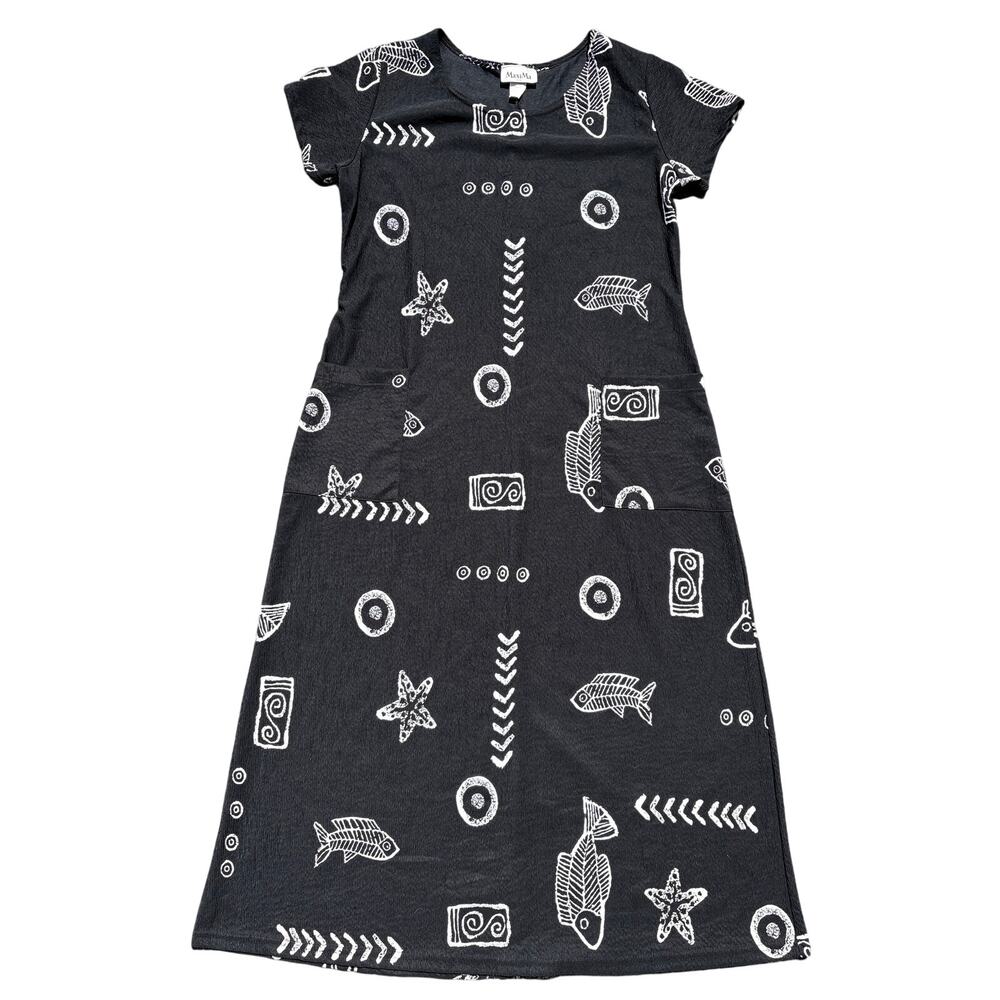 Vtg MaxiMa Dress Large Black white nautical fisherman print Maxi made in USA